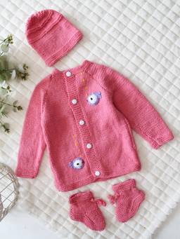 Woonie - Pink Handknitted Fish Applique Cardigan with Cap & Socks