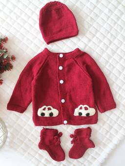 Woonie - Maroon Car Applique Detailed Cardigan with Cap & Socks