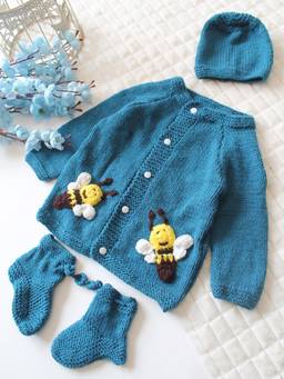 Woonie - Blue Handknitted Bee Applique Cardigan with Cap & Socks
