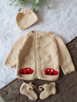 Woonie - Beige Handknitted Car Applique Detailed Cardigan with Cap & Socks