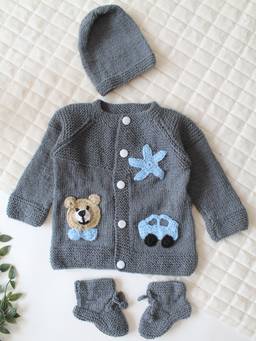 Woonie - Grey Handknitted Applique Detailed Cardigan with Cap & Socks
