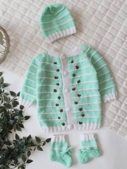 Woonie - Green Handknitted Floral Embroidered Cardigan with Cap & Socks
