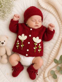Woonie - Maroon Floral Applique Detailed Cardigan with Cap & Socks
