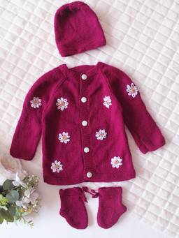 Woonie - Wine Handknitted Floral Embroidered Cardigan with Cap & Socks