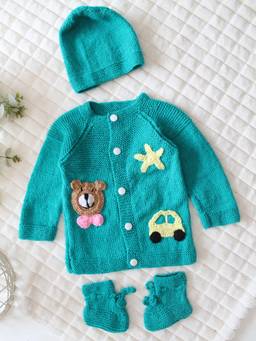 Woonie - Green Handknitted Applique Detailed Cardigan with Cap & Socks