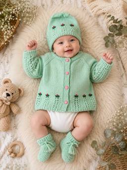 Woonie - Green Handknitted Floral Embroidered Cardigan with Cap & Socks