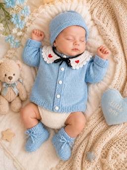 Woonie - Sky Blue Handknitted Ruffled Collar Cardigan with Cap & Socks
