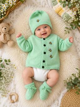 Woonie - Green Handknitted Bee Embroidered Cardigan with Cap & Socks
