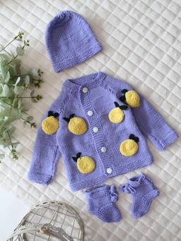 Woonie - Purple Handknitted Fruit Applique Detailed Cardigan with Cap & Socks