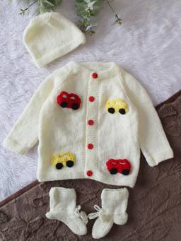 Woonie - Cream Handknitted Car Applique Detailed Cardigan with Cap & Socks