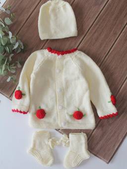 Woonie - Cream Handknitted Rose Applique Detailed Cardigan with Cap & Socks