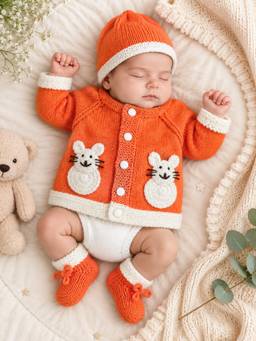 Woonie - Orange Handknitted Mouse Applique Cardigan with Cap & Socks