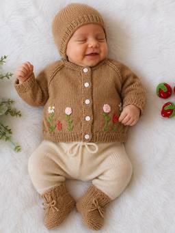 Woonie - Beige Handknitted Floral Embroidered Cardigan with Cap & Socks