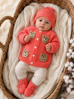 Woonie - Coral Handknitted Bear Face Applique Cardigan with Cap & Socks
