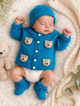 Woonie - Blue Handknitted Bear Face Applique Cardigan with Cap & Socks