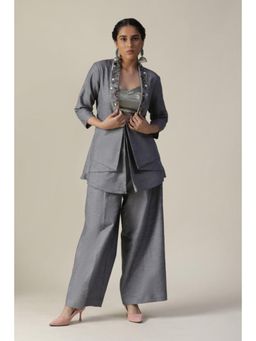 "Two Sisters" by Gyans - Grey Denim Sweetheart Embroidered Top with Bustier and Palazzo