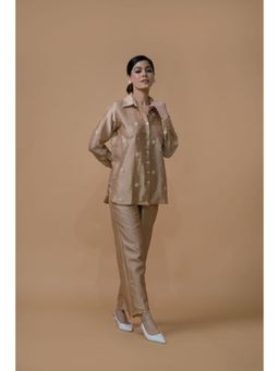 "Two Sisters" by Gyans - Beige Chanderi Collar Neck Embroidered Top and Pant