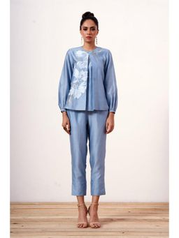 "Two Sisters" by Gyans - Blue Chanderi Round Neck Embroidered Top and Pant