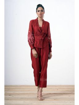 "Two Sisters" by Gyans - Maroon Chanderi V-Neck Embroidered Top and Pant
