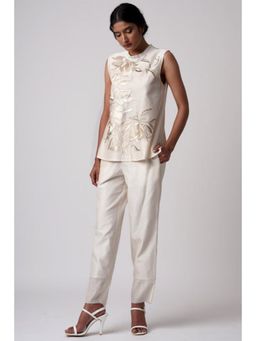 "Two Sisters" by Gyans - White Chanderi Crew Neck Embroidered Top and Pant
