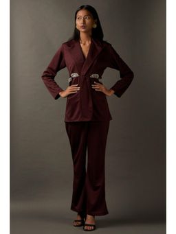 "Two Sisters" by Gyans - Maroon Lycra Notched Lapel Embroidered Top and Palazzo