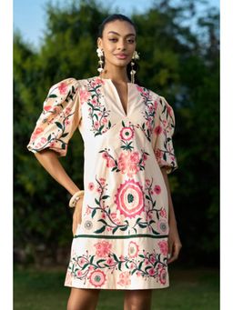 Verb - Cream Saanvi Embroidered Midi Dress