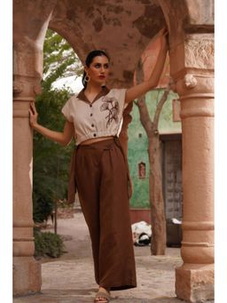 "Two Sisters" by Gyans - Beige Linen Collar Neck Embroidered Top and Palazzo