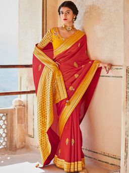 Odette - Red Silk Blend Saree with Unstitched Blouse