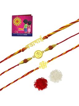 Yellow Chimes - Handmade Dori Worked Om Bada Bhai Rakhi With Roli Chawal & Card (Set of 5)