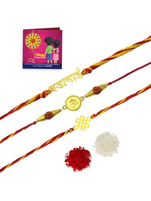 Yellow Chimes Handmade Dori Worked Om Bada Bhai Rakhi With Roli Chawal & Card (Set of 5)