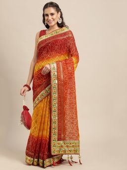 Vastranand - Maroon & Yellow Sequinned Bandhani Saree with Unstitched Blouse