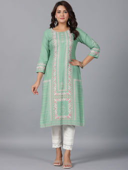 Juniper - Sage Green Floral Printed Rayon Straight Kurta with Beads
