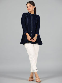 Juniper - Women Navy Blue Velvet Solid A-Line Tunic