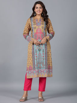 Juniper - Mustard Floral Printed Woolen Straight Kurta.