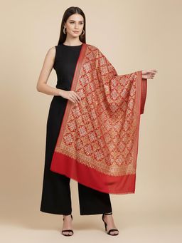 MUFFLY - Womens Elegant Blended Wool Stole Warm Maroon Ethnic Pattern