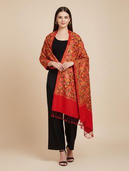 MUFFLY - Womens Red & Multicolor Blended Wool Stole Floral Kashmiri Design