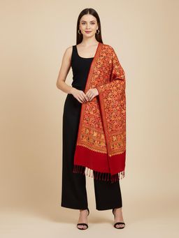 MUFFLY - Womens Red & Gold Blended Wool Stole Kashmiri Floral Design
