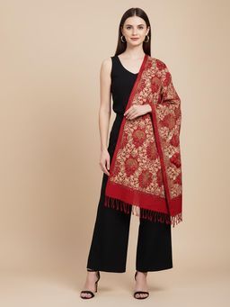 MUFFLY - Blended Wool Maroon Floral Printed Stole - Classic & Cozy