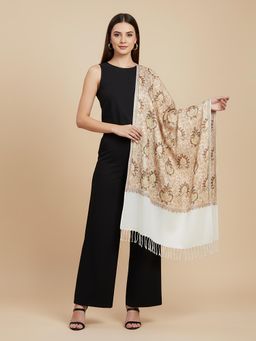 MUFFLY - Blended Wool White Floral Printed Stole - Classic & Cozy
