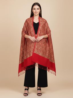MUFFLY - Opulent Maroon Stole All-Over Golden Jacquard & Embroidered Border