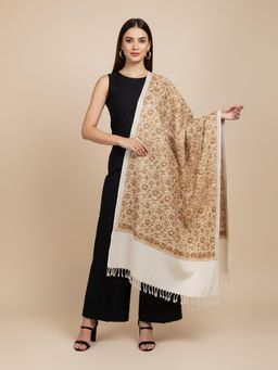 MUFFLY - Opulent White Stole All-Over Golden Jacquard & Embroidered Border