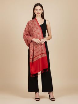 MUFFLY - Festive Red All-Over Jaal Stole Intricate Woven Blended Wool