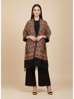 MUFFLY - Elegant Paisley Stole Black & Beige All-Over Woven Blended Wool