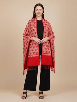MUFFLY - Luxurious Red Woven Stole Intricate Floral Jacquard Blended Wool