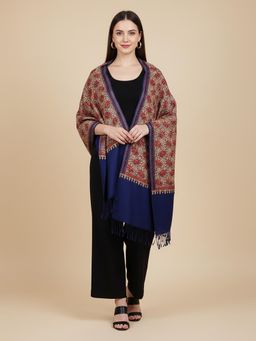MUFFLY - Luxurious Blue Woven Stole Intricate Floral Jacquard Blended Wool