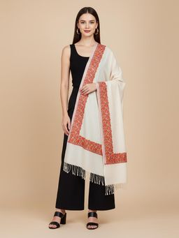 MUFFLY - Blended Wool Embroidered Border Stole Elegant Off-White Winter Stole