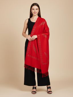 MUFFLY - Bold Solid Red Stole Subtle Woven Border, Luxurious Blended Wool