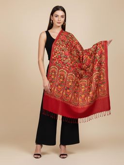 MUFFLY - Grand Festive Red Stole All-Over Floral Paisley Woven Blended Wool