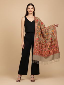 MUFFLY - Grand Festive Ivory Stole All-Over Floral Paisley Woven Blended Wool