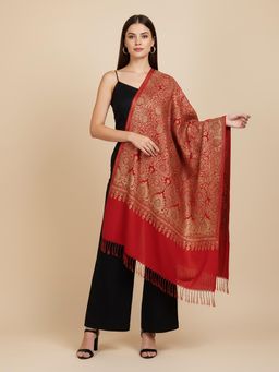 MUFFLY - Opulent Maroon Stole All-Over Gold Woven Jacquard Blended Wool